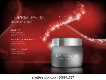 Cosmetic hand cream box.Premium ads,translucent mask and skincream bottle isolated on red sparkly and shiny backdrop.Color container with lid.For web site,poster,placard,advert and marketing