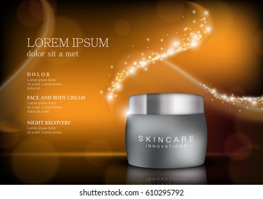 Cosmetic hand cream box.Premium ads,translucent mask and skincream bottle isolated on golden sparkly and shiny backdrop.Color container with lid.For web site,poster,placard,advert and marketing