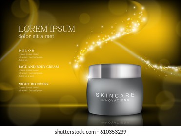 Cosmetic hand cream box.Premium ads,translucent mask and skincream bottle isolated on sparkly and shiny backdrop.Color container with lid.For web site,poster,placard,advert and marketing