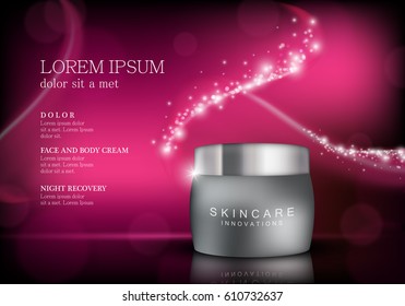 Cosmetic hand cream box.Premium ads,translucent mask and skincream bottle isolated on fuchsia sparkly and shiny backdrop.Color container with lid.For web site,poster,placard,advert and marketing