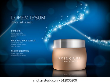 Cosmetic hand cream box.Premium ads,translucent mask and skincream bottle isolated on blue sparkly and shiny backdrop.Color container with lid.For web site,poster,placard,advert and marketing