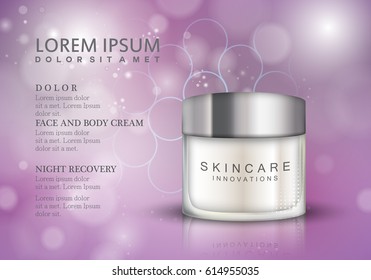 Cosmetic hand cream box.Premium ads,translucent mask and skincream bottle isolated on purple sparkly and shiny background.Color container with lid.For web site,poster,placard,advert and marketing