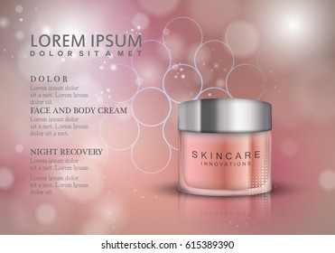 Cosmetic hand cream box.Premium ads,translucent mask and skincream bottle isolated on pink sparkly and shiny background.Color container with lid.For web site,poster,placard,advert and marketing
