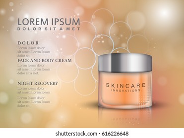 Cosmetic hand cream box.Premium ads,translucent mask and skincream bottle isolated on orange sparkly and shiny background.Color container with lid.For web site,poster,placard,advert and marketing