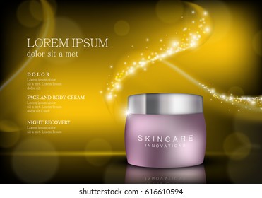 Cosmetic hand cream box.Premium ads,translucent mask and skincream bottle isolated on golden sparkly and shiny backdrop.Purple color container with lid.For web site,poster,placard,advert and marketing