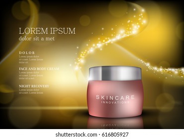 Cosmetic hand cream box.Premium ads,translucent mask and skincream bottle isolated on golden sparkly and shiny backdrop.Red color container with lid.For web site,poster,placard,advert and marketing