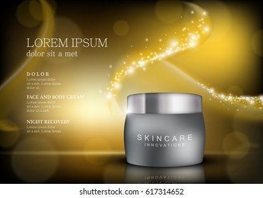 Cosmetic hand cream box.Premium ads,translucent mask and skincream bottle isolated on golden sparkly and shiny backdrop.Gray color container with lid.For web site,poster,placard,advert and marketing
