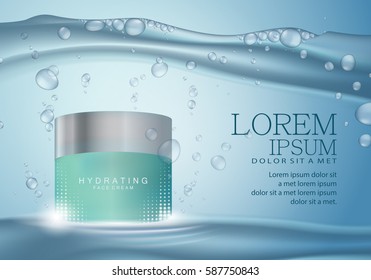 Cosmetic hand cream box,vector illustration.Premium ads,translucent mask and skincream bottle.Isolated on bright and shiny blue background under water with bubbles and drops.Color pack for web site