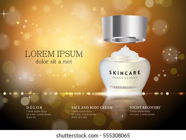 Cosmetic hand cream box,vector.Premium ads,translucent mask and skincream bottle.Isolated on bright and shiny background with bubbles.Color container with open lid.3D illustration for web site