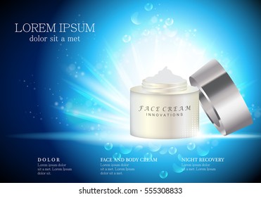 Cosmetic hand cream box,vector.Premium ads,translucent mask and skincream bottle.Isolated on bright and shiny background with bubbles.Color container with open lid.3D illustration for web site