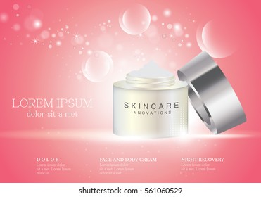 Cosmetic hand cream box,vector.Premium ads,translucent mask and skincream bottle.Isolated on bright and shiny background with bubbles.Color container with open lid.3D illustration for web site