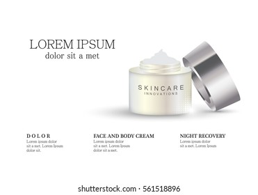 Cosmetic hand cream box,vector.Premium ads,translucent mask and skincream bottle.Isolated on white background.Color container with open lid.3D illustration for web site