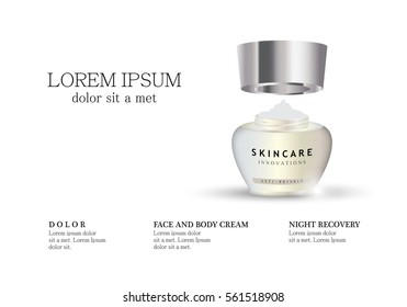 Cosmetic hand cream box,vector.Premium ads,translucent mask and skincream bottle.Isolated on white background.Color container with open lid.3D illustration for web site