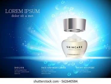 Cosmetic hand cream box,vector.Premium ads,translucent mask and skincream bottle.Isolated on bright and shiny background with bubbles.Color container with open lid.3D illustration for web site