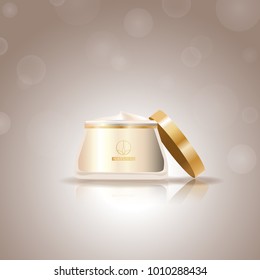 Cosmetic hand cream isolated on background.For web site, ads,poster,placard and cover.Useful for marketing and advert.Skincream bottle.3D realistic container template with open lid.Vector illustration