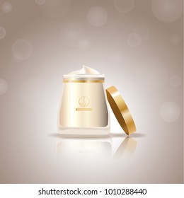 Cosmetic hand cream isolated on background.For web site, ads,poster,placard and cover.Useful for marketing and advert.Skincream bottle.3D realistic container template with open lid.Vector illustration