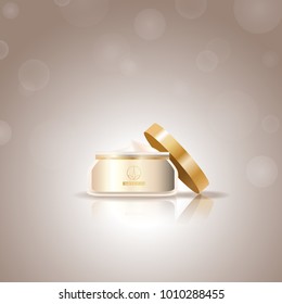 Cosmetic hand cream isolated on background.For web site, ads,poster,placard and cover.Useful for marketing and advert.Skincream bottle.3D realistic container template with open lid.Vector illustration
