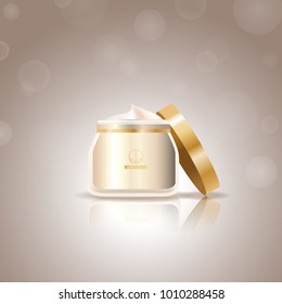 Cosmetic hand cream isolated on background.For web site, ads,poster,placard and cover.Useful for marketing and advert.Skincream bottle.3D realistic container template with open lid.Vector illustration