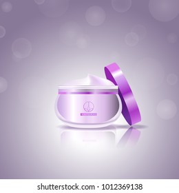 Cosmetic hand cream isolated on background.For web site, ads,poster,placard and cover.Useful for marketing and advert.Skincream bottle.3D realistic container template with open lid.Vector illustration