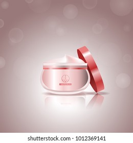 Cosmetic hand cream isolated on background.For web site, ads,poster,placard and cover.Useful for marketing and advert.Skincream bottle.3D realistic container template with open lid.Vector illustration