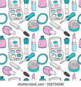 Cosmetic hand drawn seamless pattern with mascara, lipstick, powder and eye shadow. Vector illustration.