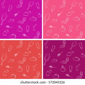 Cosmetic hand drawn seamless pattern with perfume, powder box, lipstick, mirror, tone in vector