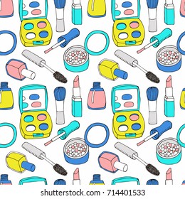 Cosmetic hand drawn seamless pattern. Vector illustration.