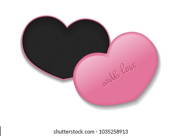 Cosmetic heart shaped box for makeup products with inscription. Vector isolated template.