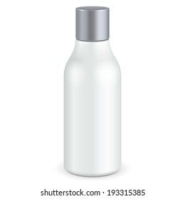 Cosmetic Or Hygiene Grayscale White Gray Chrome Lid Plastic Bottle Of Gel, Liquid Soap, Lotion, Cream, Shampoo. Ready For Your Design. Illustration Isolated On White Background. Vector EPS10 