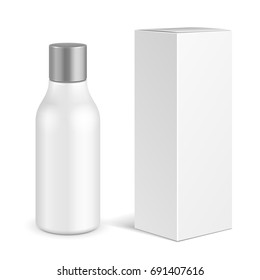 Cosmetic, Hygiene, Medical Grayscale Plastic Bottle Of Gel, Liquid Soap, Lotion, Cream, Shampoo With Box. Mock Up Ready For Your Design. Illustration Isolated On White Background. Vector EPS10 