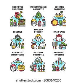 Ilustraciones vectoriales de Iconos de Higiene Cosmética. Higiene Cosmética Y Cuidado Del Pelo, Cosmetología De Verano Natural Y Crema Higiénica, Estilista De Maquillaje E Inyecciones Ilustraciones De Color