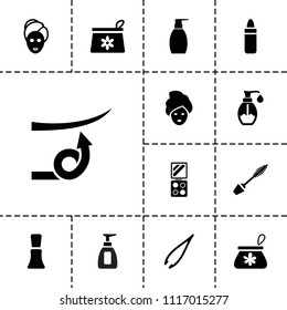Cosmetic icon. collection of 13 cosmetic filled icons such as lipstick, tweezers, make up bag, mascara, nail polish, spa mask. editable cosmetic icons for web and mobile.