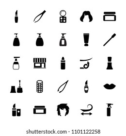 Cosmetic icon. collection of 25 cosmetic filled icons such as cream tube, cream box, nailfile, spray bottle, curly hair, lipstick. editable cosmetic icons for web and mobile.