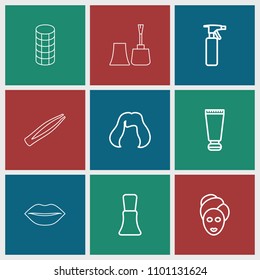 Cosmetic icon. collection of 9 cosmetic outline icons such as cream tube, spray bottle, nail polish, spa mask, hairstyle, tweezers. editable cosmetic icons for web and mobile.