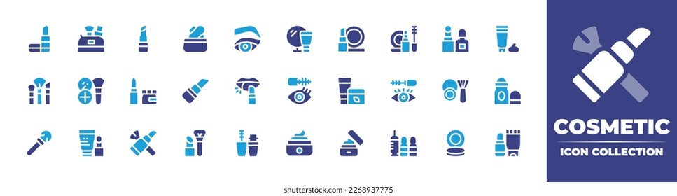 Cosmetic icon collection. Duotone color. Vector illustration. Containing cosmetics, lipstick, cosmetic bag, make up, cosmetic, makeup, moisturizer, mascara, eye mascara, deodorant, blush brush.