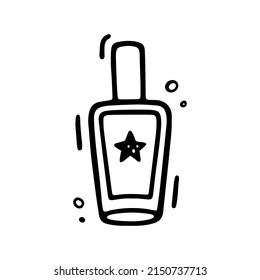 Cosmetic Icon. Perfume bottle, nail polish bottle in doodle style. Woman stuff, eco girls accessory concept. Vector hand drawn flat illustration isolated on white.