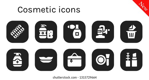 cosmetic icon set. 10 filled cosmetic icons.  Simple modern icons about  - Hair curler, Shampoo, Perfume, Polisher, Removed, Gel, Lips, Cosmetics, Make up