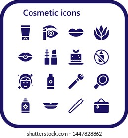 cosmetic icon set. 16 filled cosmetic icons.  Simple modern icons about  - Gel, Eyebrow pencil, Lips, Aloe vera, Kiss, Make up, Mousse, Aerosol, Makeup, Shampoo, Hand mirror, Sun cream