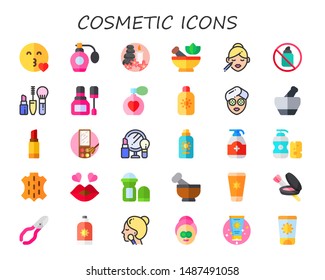 cosmetic icon set. 30 flat cosmetic icons.  Collection Of - kiss, perfume, spa, mortar, makeup, aerosol, nail polish, sun cream, facial mask, lipstick, gel, shampoo, skin, deodorant