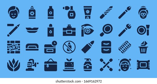 Cosmetic Icon Set. 32 Filled Cosmetic Icons. Included Makeup, Eyeliner, Graffiti, Aloe Vera, Sun Cream, Lips, Nail Dryer, Polisher, Shampoo, Body Oil, Anti Age, Cosmetics Icons