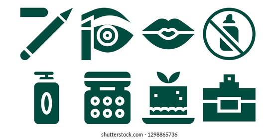  cosmetic icon set. 8 filled cosmetic icons. Simple modern icons about  - Gel, Eyeliner, Eye shadow, Eyebrow pencil, Mousse, Kiss, Perfume, Aerosol