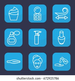 Cosmetic icon. set of 9 outline cosmetic icons such as perfume, nail polish, spray bottle, tweezers, curly hair, cream, eyeshadow palette, spa mask