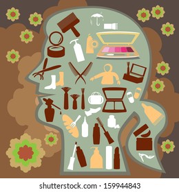 Cosmetic icon set and accessories on abstract and silhouette woman head a vector infographics