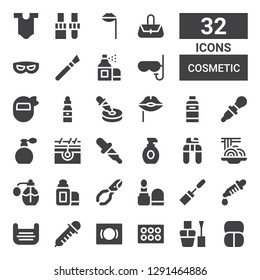 cosmetic icon set. Collection of 32 filled cosmetic icons included Makeup, Nail polish, Eyeshadow, Mask, Dropper, Mascara, Make up, Nail clippers, Lip balm, Perfume, Padthai, Lotion