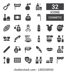 cosmetic icon set. Collection of 32 filled cosmetic icons included Mask, Cosmetics, Dropper, Masks, Eyeshadow, Nail polish, Lips, Mascara, Perfume, Nail file, Wax, Padthai, Body