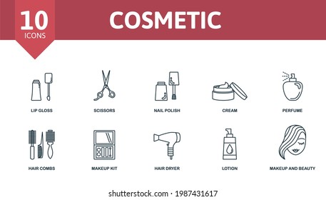 Conjunto de iconos cosméticos. Contiene íconos editables maquillaje y temas de belleza como brillo de labios, esmalte de uñas, perfume y más.