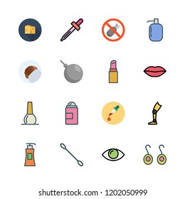 cosmetic icon set. vector set about earrings, cotton swab, nail polish and bombs icons set.