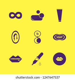 cosmetic icon. cosmetic vector icons set soap, female mirror, cream tube and lips