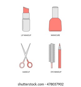 Cosmetic icons. Lipstick, nail polish, scissors, mascara, pencil. Thin line colorful set of icons for beauty salon. Vector flat illustration. Isolated on white background
