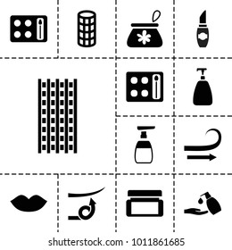 Cosmetic icons. set of 13 editable filled cosmetic icons such as lips, soap, eyeshadow palette, hair curler, liquid soap, cream box, curly hair, straight hair, make up bag